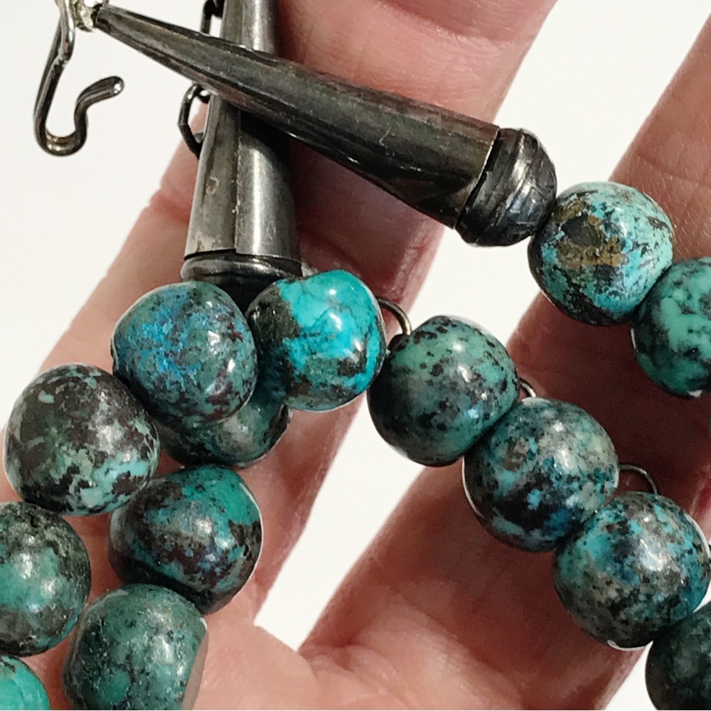 Vintage Native American Sterling Silver 9mm Turquoise Cone Beaded Necklace 24" - Picture 9 of 16